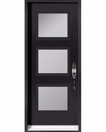 Porte d’acier noir mat, trois carreaux sablés espacés
