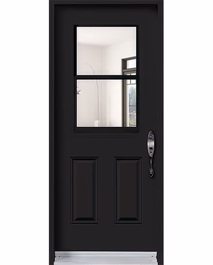 Porte d’acier noir mat, un carreau en haut et deux panneaux en bas