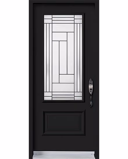 Porte d’acier noir mat, vitrail géométrique à baguettes