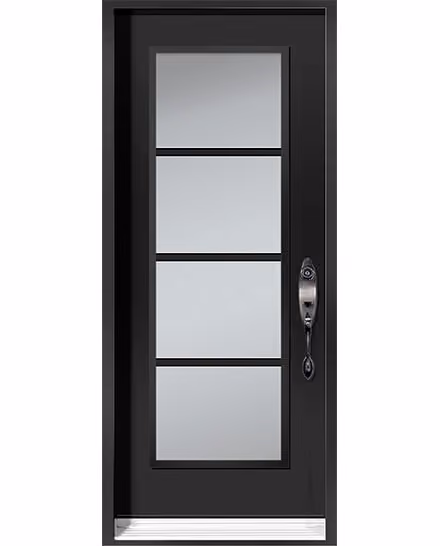 Porte d’acier noir mat, bande verticale de quatre carreaux sablés