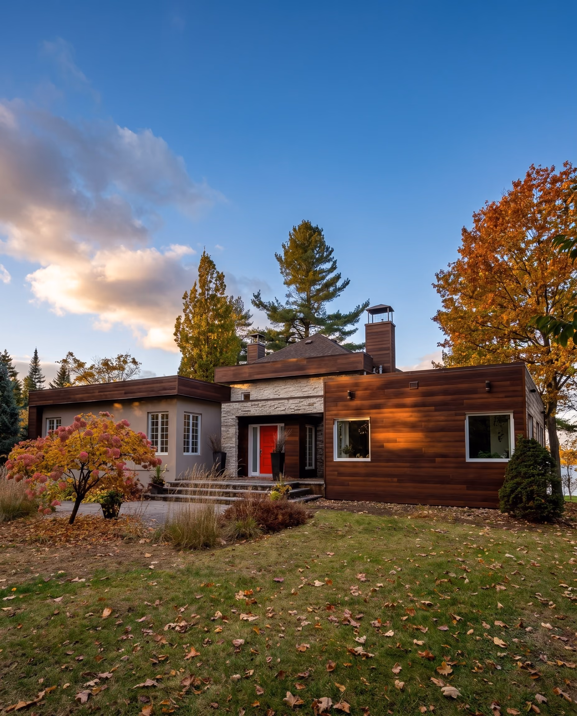 Bungalow à bardage de bois avec une porte rouge, arbres d’automne et lumière rasante.
