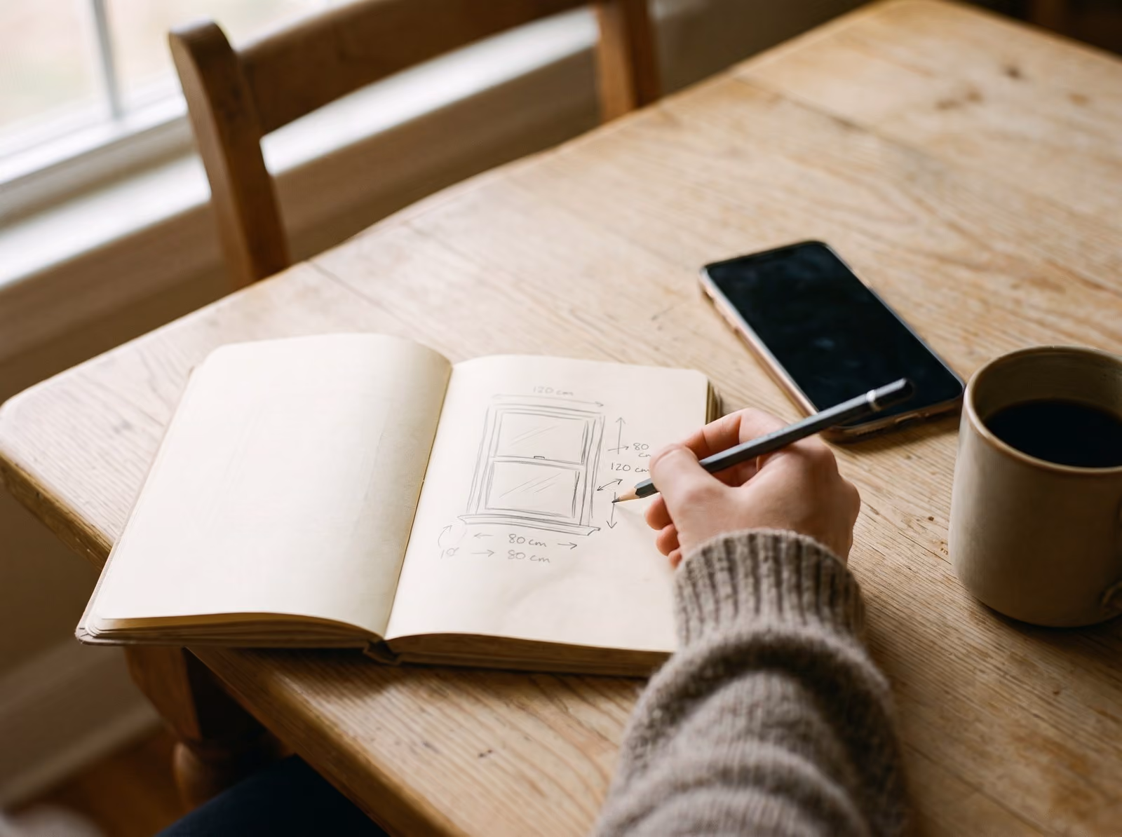 Une main esquisse au crayon le croquis d’une ouverture avec ses mesures, sur un carnet posé à la table de cuisine.