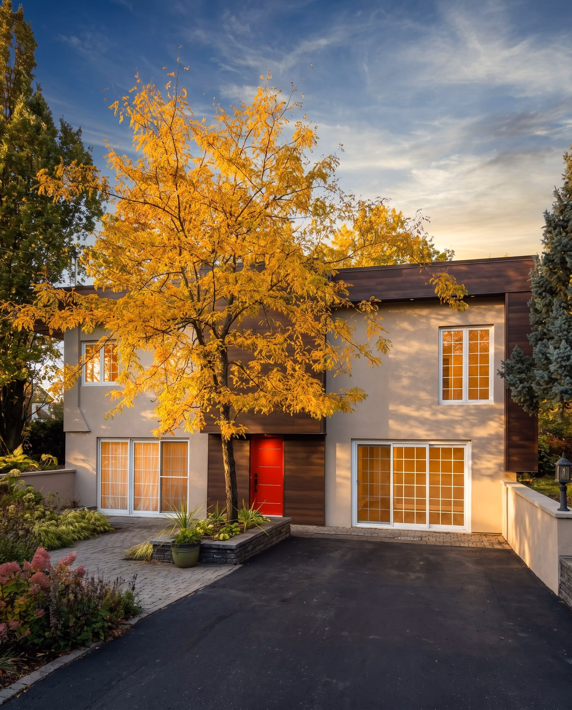 Maison contemporaine à stuc et bardage de bois foncé, porte rouge, érable jaune en automne.