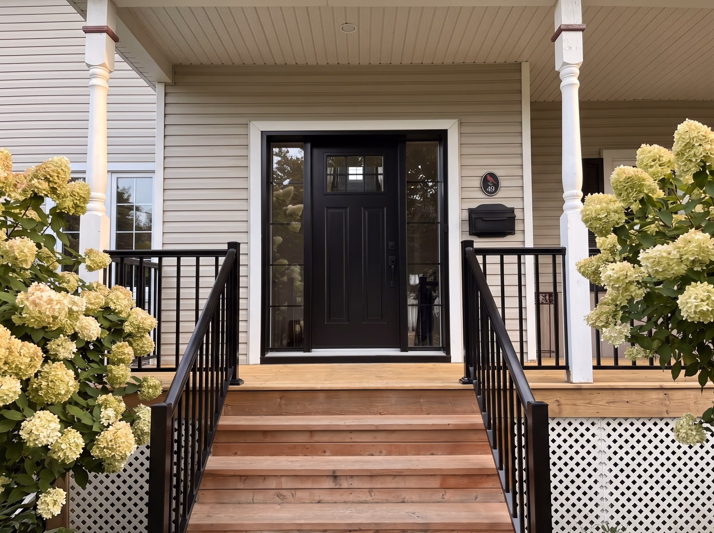 Porte d’entrée en acier noire avec vitraux latéraux, escalier de bois et hortensias blancs en fleurs.