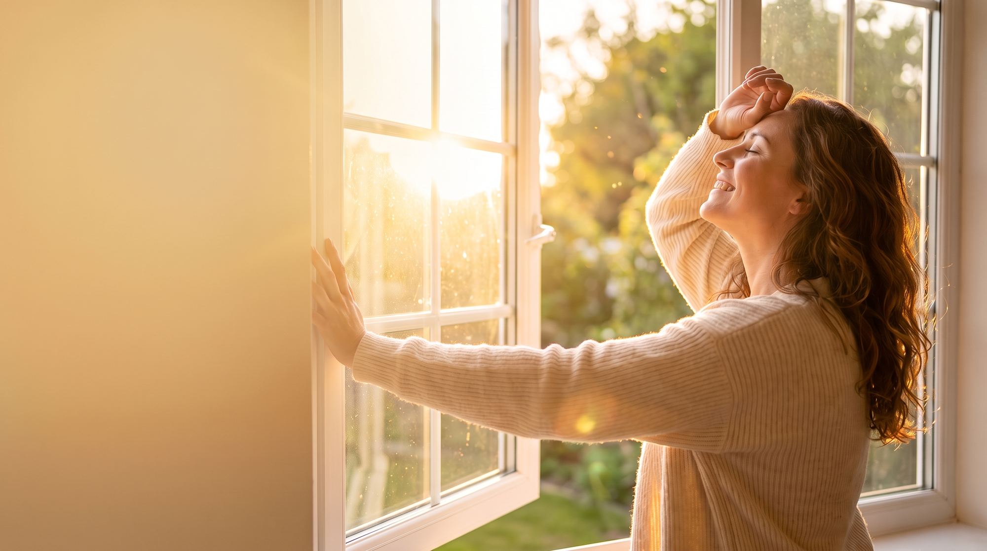 Une femme ouvre une fenêtre à battant et lève le visage vers le soleil du matin.